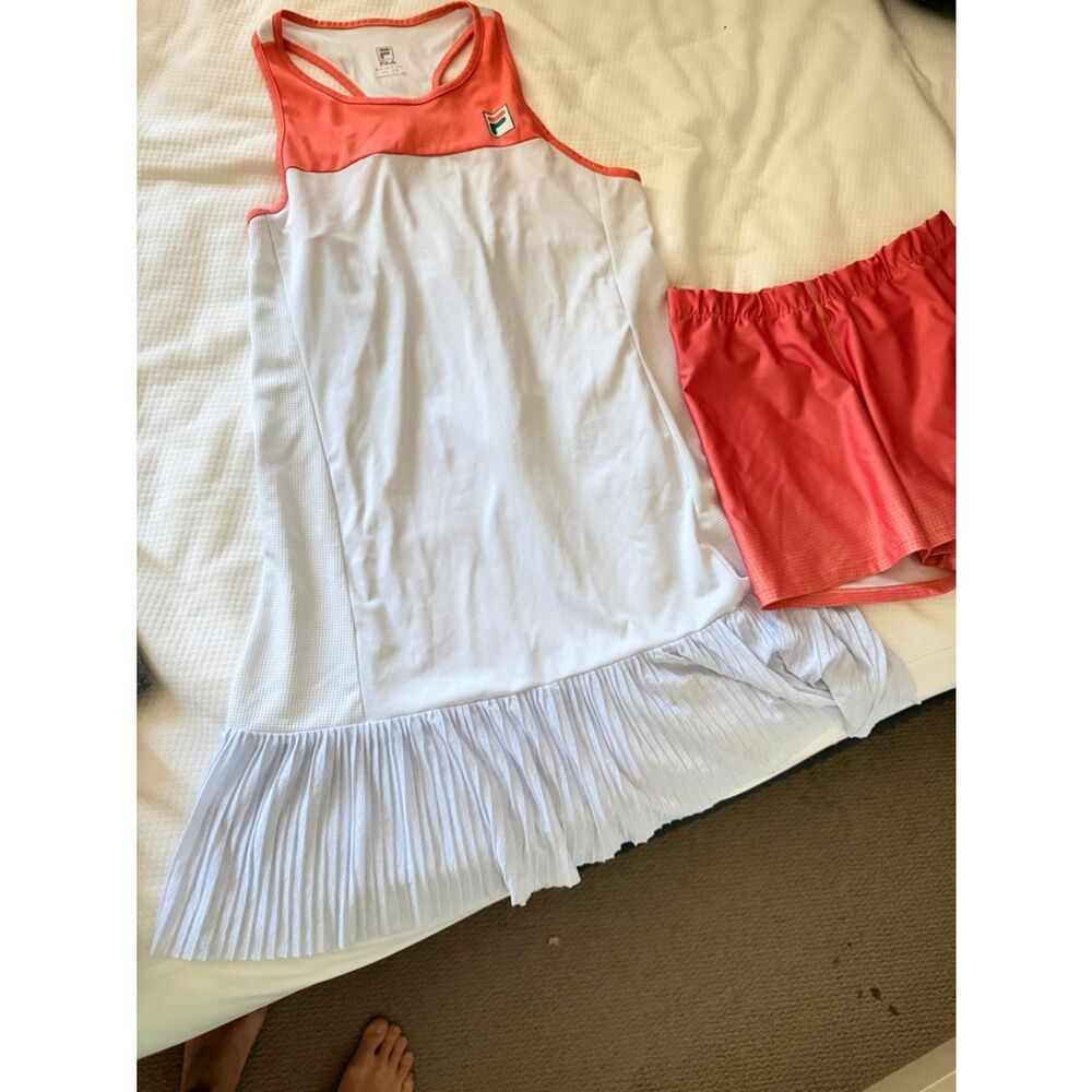Fila White Tennis Dress with Coral and Green L